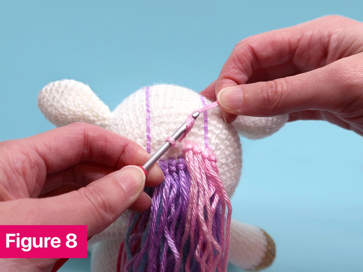 Figure 8: shows how to attach a strand of yarn for the mane