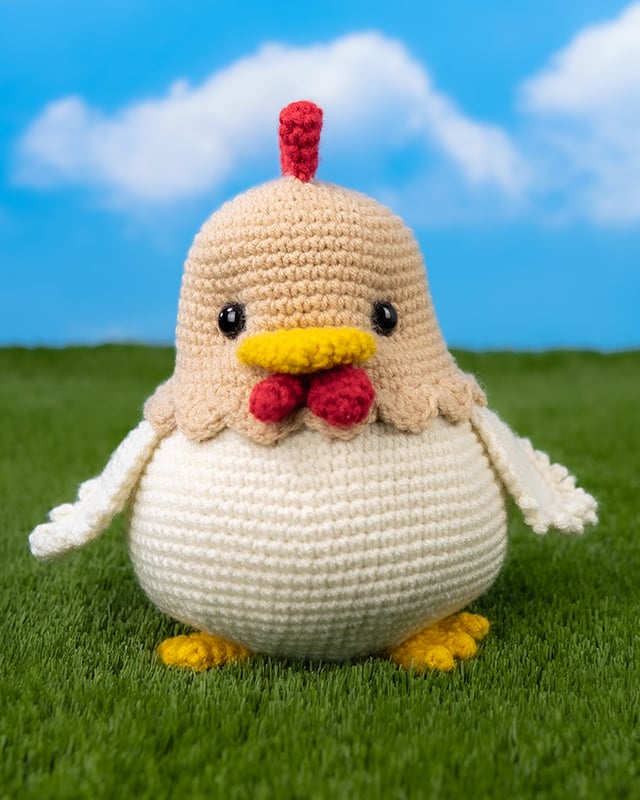 Free chicken crochet pattern featuring a round amigurumi chicken with a cream body, beige head, red comb and wattle, yellow beak and feet, standing on grass against a blue sky background.